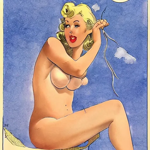 Prompt: a pin up sitting on a half moon, by milo manara