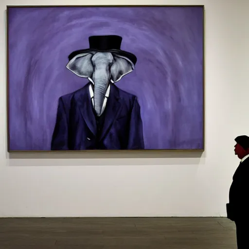 Image similar to in an art gallery, there is a huge painting of an elephant by marlene dumas. a man in a top hat and a suit is looking up at the painting. cgsociety, surrealism, surrealist, dystopian art, purple color scheme