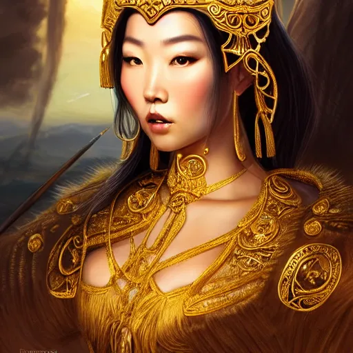 Prompt: beautiful closeup portrait of a gorgeous mongolian princess in a sensual pose covered with golden ornate armor, centered face, with full makeup, intricate, volumetric lighting, sharp focus, ultra detailed, artwork by bowater, charlie, brom, gerald, lake baikal in the background