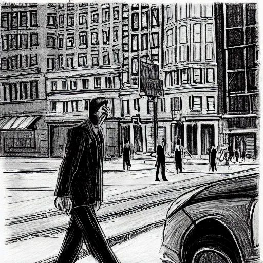 Image similar to a person in a suit with his head out of the shot walking by a homeless man begging for food, new york, pencil illustration, detailed, black and white