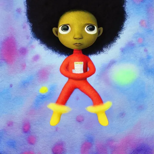 Image similar to a black girl with a colorful afro and rainbow eyes dressed like an astronaut, bright colours, watercolor, volumetric wool felting, macro photography, children illustration, by goro fujita