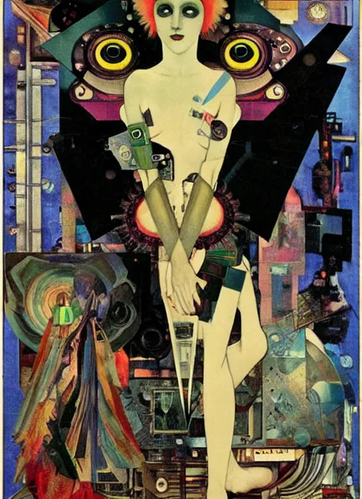 Image similar to cute punk goth fashion fractal alien martian girl with a television head wearing kimono made of circuits and leds, surreal Dada collage by Man Ray Kurt Schwitters Hannah Höch Alphonse Mucha