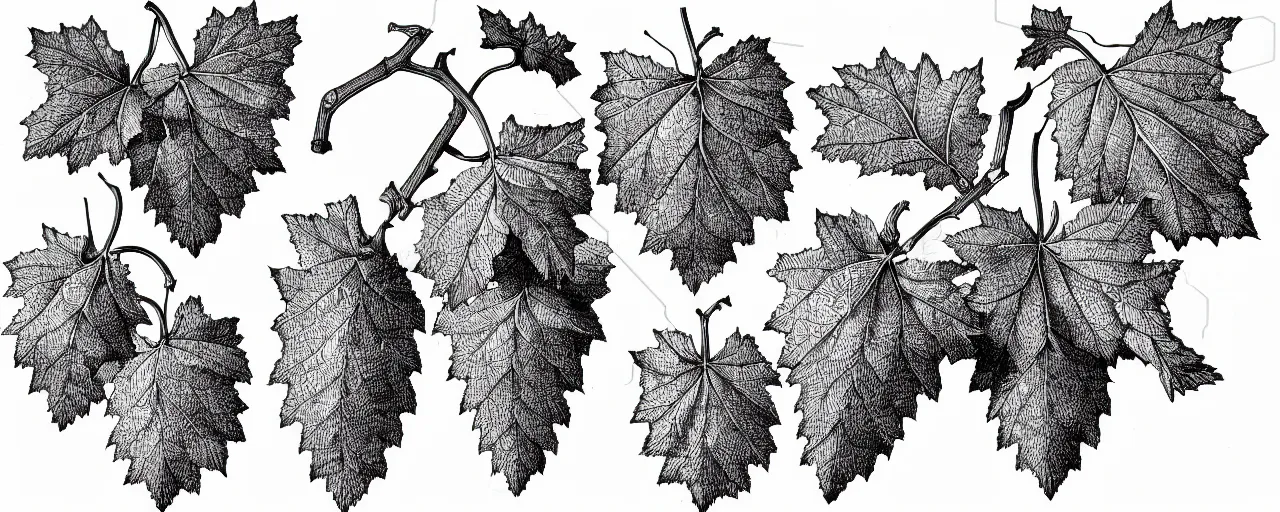 Prompt: a full page schematic diagram illustration of a grape leaves and acorns of oak, ultra detailed, 4 k, intricate, encyclopedia illustration, fine inking lines