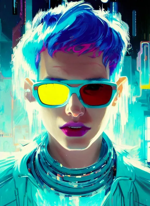 Prompt: an angelic hacker with turquoise hair in vast cyberspace glitching through a vulnerable server, wearing sunglasses, wearing a choker, futuristic clothes, vibrant colors, rule of thirds, spotlight, drips of paint, expressive, passionate, by greg rutkowski, by jeremy mann, by francoise nielly, by van gogh, digital painting