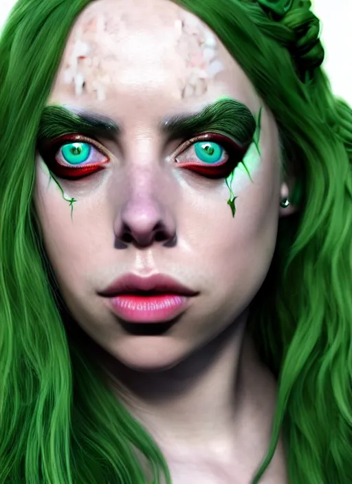 Image similar to Billie Eilish as Female Loki, Goddess of Mischief, sci fi, elegant, olive skin color, hyper realistic, hyper detail, very detailed, digital art, trending on artstation, smooth render, 8k octane render,