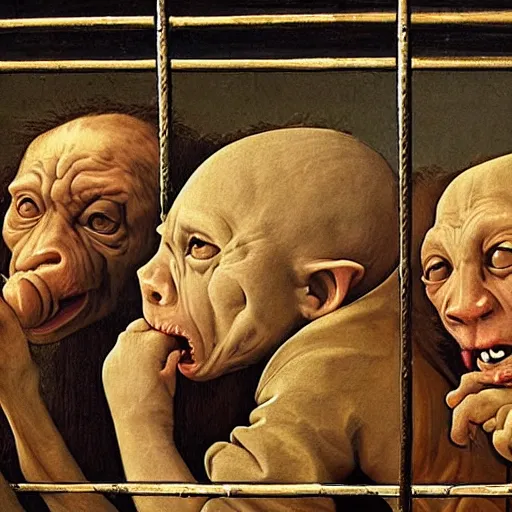 Image similar to goblin behind jail bars, highly detailed renaissance era painting