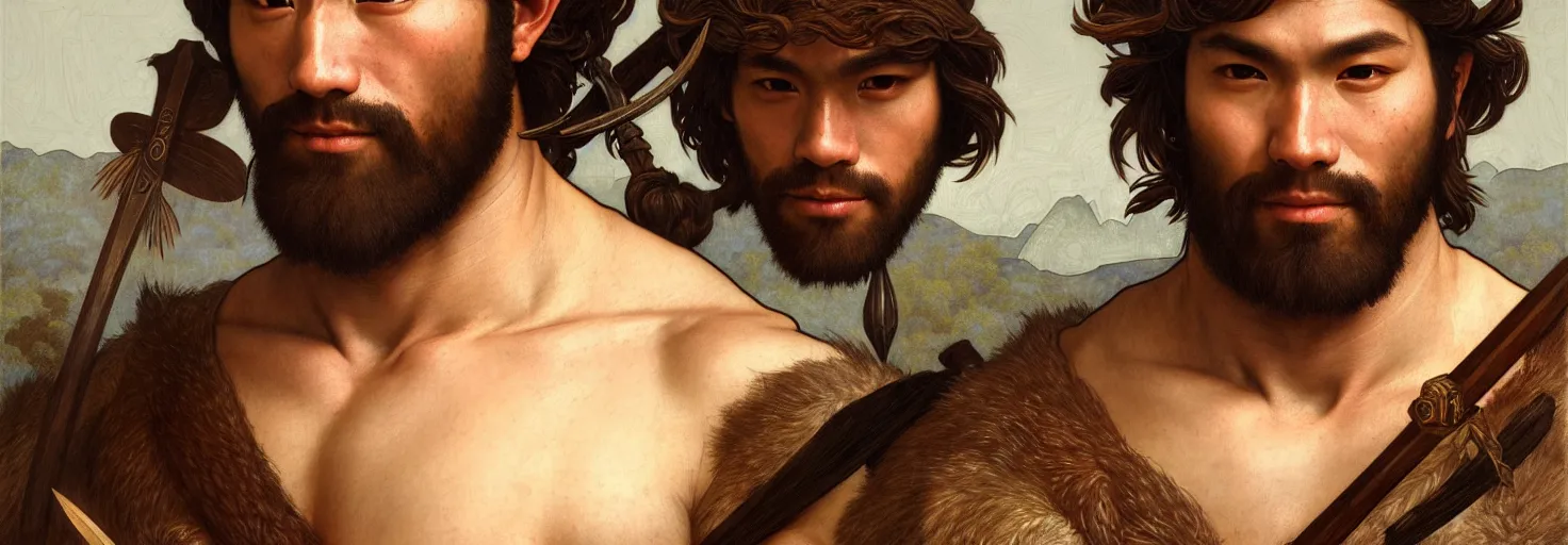 Prompt: renaissance upper body portrait of a gruff ranger with a spear, japanese, lean and toned, handsome face, hairy chest, D&D, intricate, elegant, highly detailed, digital painting, artstation, concept art, matte, sharp focus, illustration, art by da Vinci, Artgerm and Greg Rutkowski and Alphonse Mucha