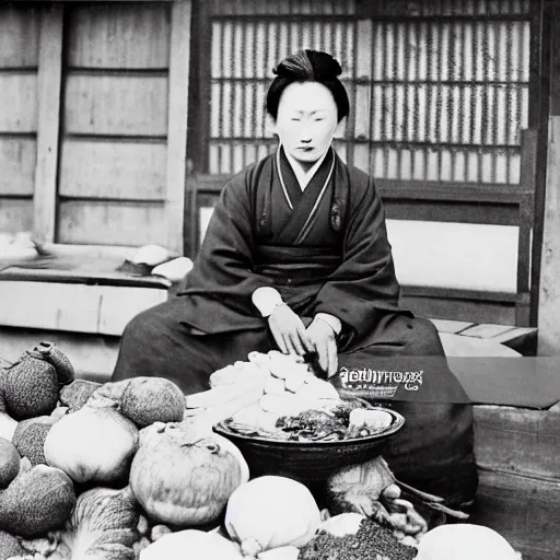 Prompt: Portrait of a 19th century Japanese vegetable trader at a Kyoto street market, 1900s photography