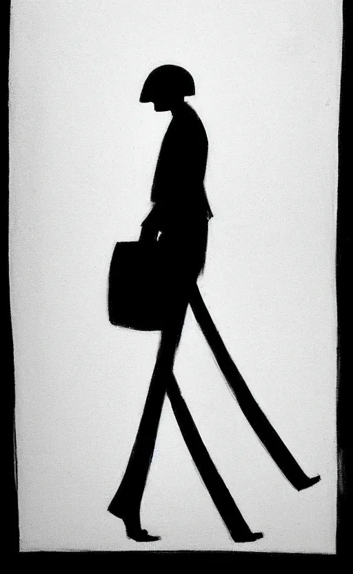 Image similar to symmetry!! black and white silhouette drawing of a single person walking, white background by stanhope forbes, centered