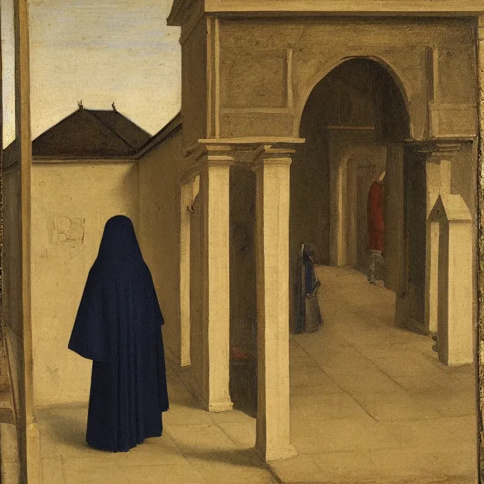 Image similar to a cloaked figured standing in front of a school, by early netherlandish painting,