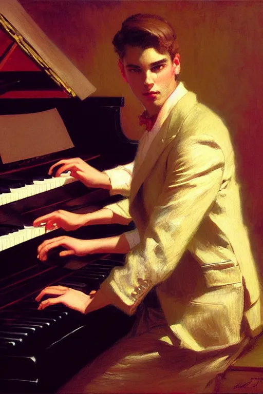 Image similar to attractive male, playing piano, low - key lighting, vaporwave, painting by gaston bussiere, craig mullins, j. c. leyendecker