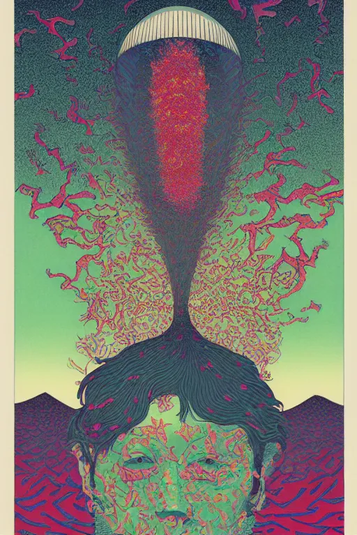 Image similar to a tab of LSD acid on his tongue and surreal psychedelic hallucinations, screenprint by kawase hasui, moebius and dan hillier, colorful flat surreal design, hd, 8k, artstation