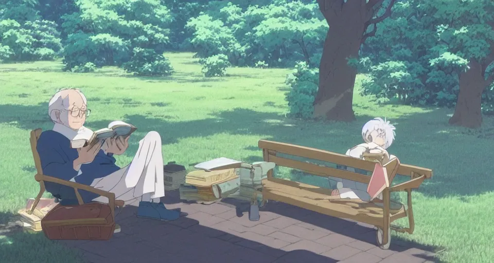 Image similar to screenshot from the anime film by studio ghibli, grandpa reading a book, serene, summer, from the anime film by makoto shinkai