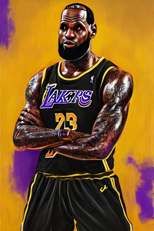 Prompt: full body portrait of the dictator of the los angeles lakers, lebron james 1 8 8 9, in full military garb, oil on canvas by william sidney mount, trending on artstation