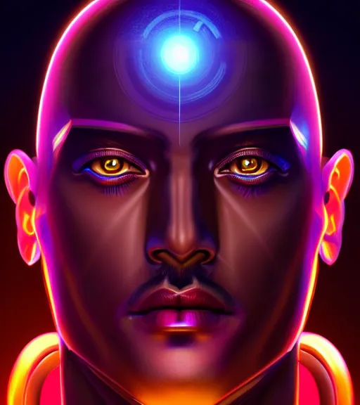 Image similar to symmetry!! egyptian god of technology, solid cube of light, hard edges, product render retro - futuristic poster scifi, lasers and neon circuits, brown skin handsome egyptian god, intricate, elegant, highly detailed, digital painting, artstation, concept art, smooth, sharp focus, illustration, dreamlike, art by artgerm