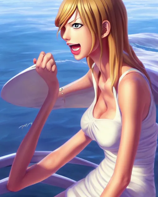 Prompt: taylor swift as nami from one piece, simple cream dress, detailed perfect face, mid view, by artgerm, by studio muti, greg rutkowski makoto shinkai takashi takeuchi studio ghibli