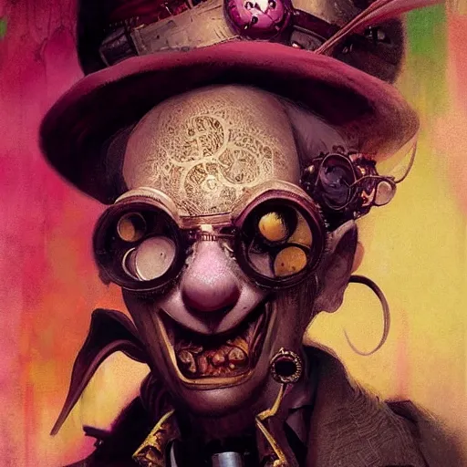 Prompt: Portrait of a creepy steampunk clown, fantasy, colorful, detailed, by Greg Rutkowski and Dave McKean, pink and gold color palette