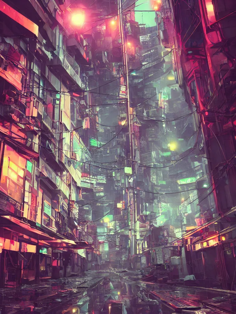 Prompt: neonpunk street, hanging cables, narrow, garbage on the ground. rain. fog, haze, evening. led screens. golden hour. volumetric lighting. cables on the ground. very messy. futuristic. photorealistic. artstation. anime. studio gimbli style