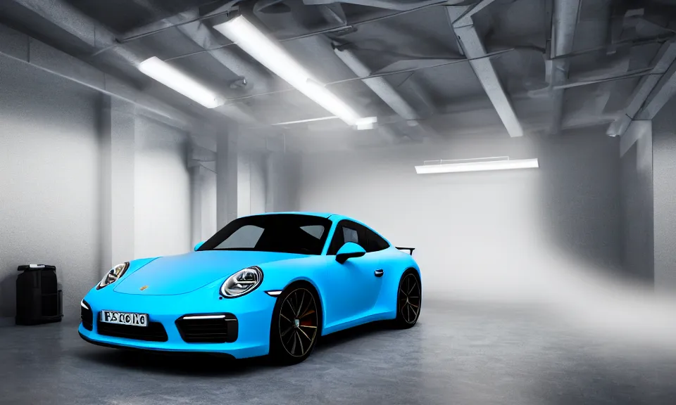 Prompt: photo of a blue porsche 911 standing in a garage, centered, mist, volumetric light, cinematic lighting, octane render, 4k