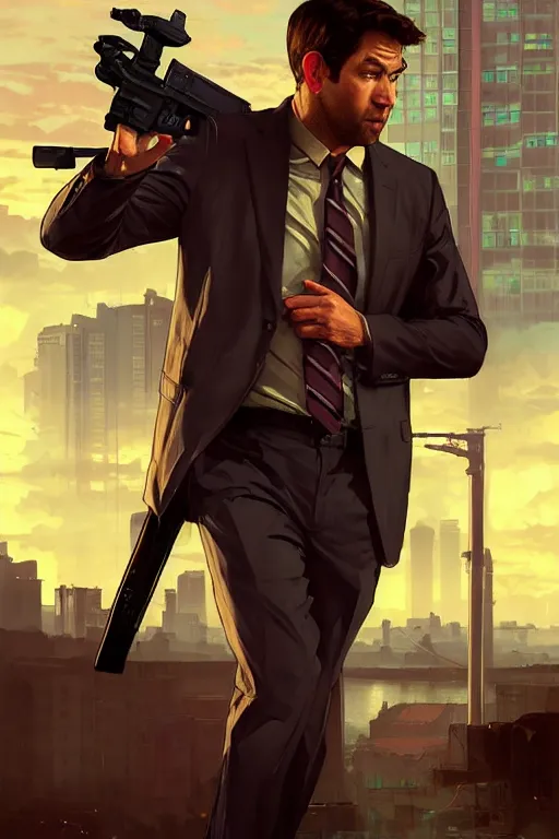 Image similar to gta jim halpert john krasinski profile picture by greg rutkowski, the office, dynamic pose, intricate, futuristic, fantasy, elegant, by stanley artgerm lau, greg rutkowski, thomas kindkade, alphonse mucha, loish, norman rockwell, fantasy lut, asymmetric, long hair, retro computer graphics, video game, fluid lines,