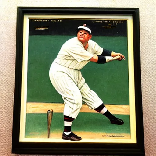 Prompt: a portrait painting of Babe Ruth. lifelike. Looks exactly like him. Painted by Norman Rockwell