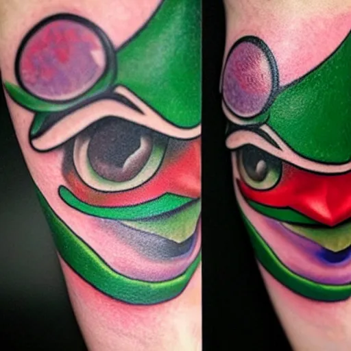 Image similar to tattoo of kermit the frog from sesame street with joker makeup