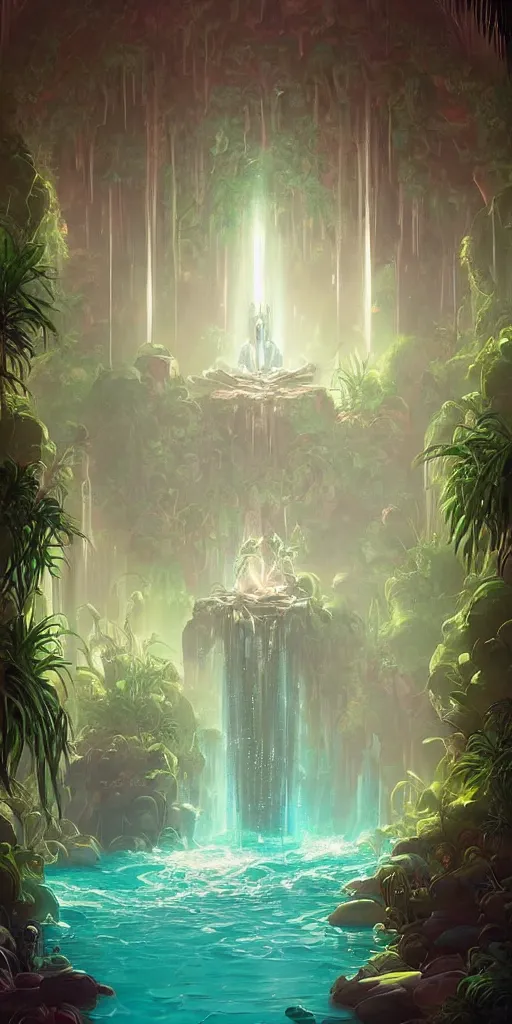 Image similar to detailed interior of a vaporwave pool, waterfall walls, palm vegetation, light shafts, the glowing throne, stunning atmosphere, in style of peter mohrbacher, cinematic lighting