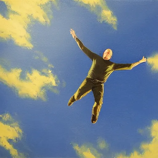 Prompt: A horizontal wide shot of ((Tom Pretty)) free falling from the sky, photorealistic, blue sky