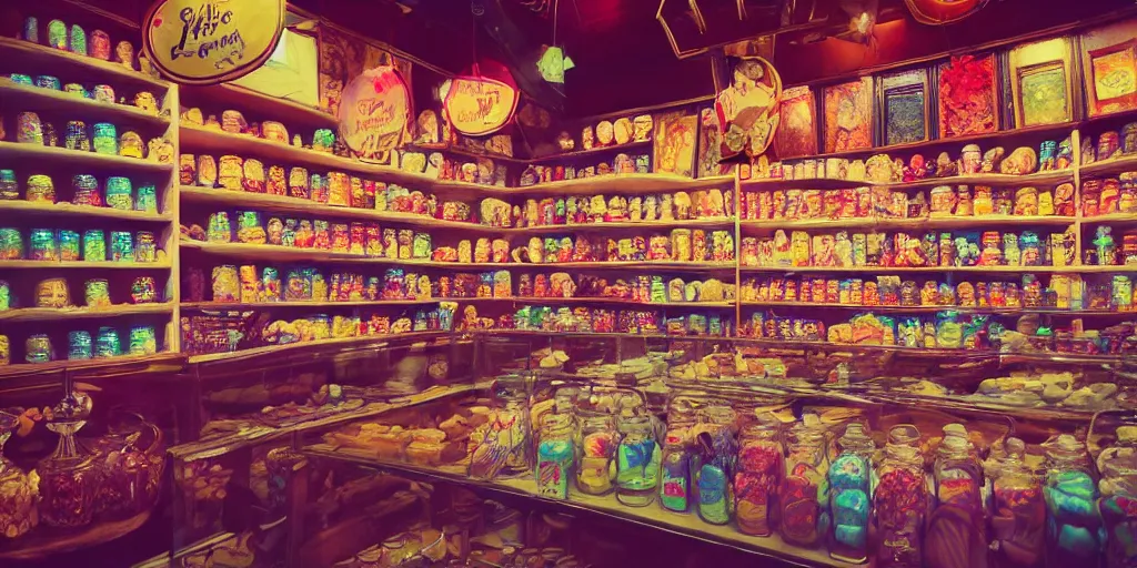 Prompt: Inside an old fashioned sweet shop, large jars on shelves, beautiful labels, fantasy vendor interior, wide angle, cinematic, highly detailed, photorealistic, rich bright colors, trending on artstation, trending on cgsociety