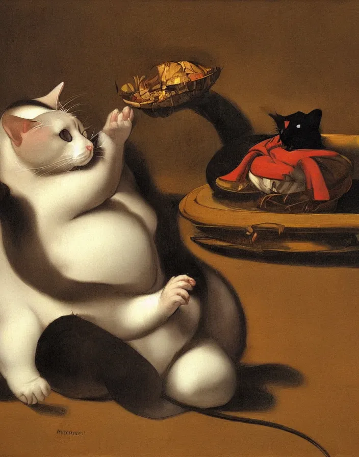 Image similar to a fat cat trying to catch a mouse , Painting, Artstation, by Caravaggio Michelangelo Merisi