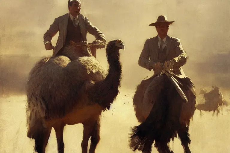 Prompt: portrait of a business man riding an ostrich, art by anders zorn, wonderful masterpiece by greg rutkowski, beautiful cinematic light, american romanticism by greg manchess, jessica rossier