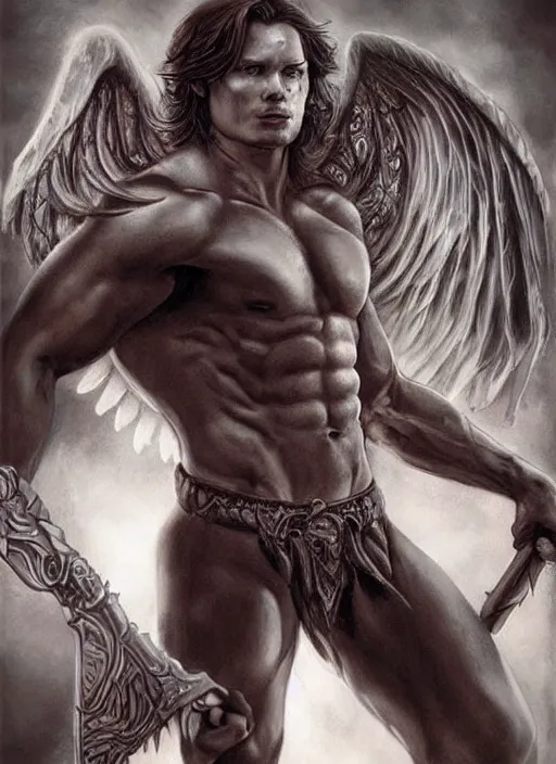 Image similar to attractive Sam Winchester as a muscular angel with demon wings wide open, whole body tattooed with runes and satanic symbols, D&D!, fantasy style, sharp focus!, ultra detailed, art by Artgerm and Peter Andrew Jones, WLUP