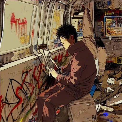 Prompt: tetsuo from akira painting a graffiti in a new york subway train, post apocalyptic scene, katsuhiro otomo, high detail, 4 k