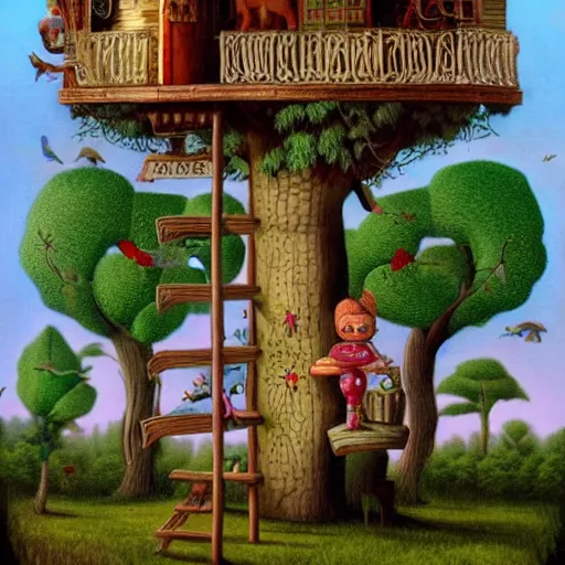 Prompt: tree house and small elephants, lowbrow surrealistic, in the style of Mark Ryden,