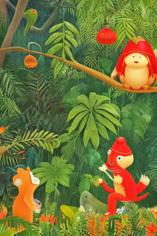 Image similar to rare bird in the jungle, night, stars, highly detailed, unreal engine render concept art, style of henri rousseau and richard scarry and hiroshi yoshida