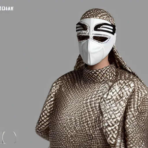 Image similar to portrait of masked dune dynasty with chanel clothes, white background, chanel logo, 8 k, symmetrical, 3 d render, octane render, insane details