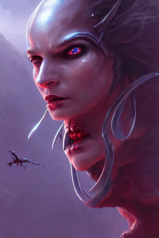 Prompt: attractive vampire female alien - cyborg, close - up portrait, intricate, elegant, volumetric lighting, scenery, digital painting, highly detailed, artstation, sharp focus, illustration, concept art, luis rollo, ruan jia, steve mccurry, john berkey