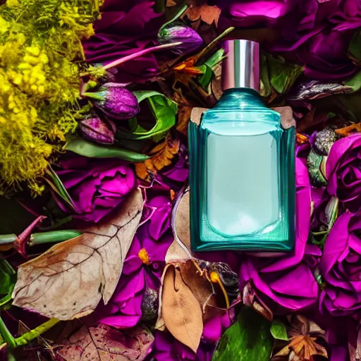 Prompt: perfume bottle surrounded by artistic fairy magic in a pile of flowers and leaves