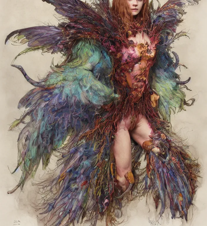 Image similar to a portrait photograph of sadie sink as a colorful harpy super hero with slimy mutated skin. she is trying on a amphibian organic catsuit and transforming into a feathered beast. by tom bagshaw, donato giancola, hans holbein, walton ford, gaston bussiere, peter mohrbacher and brian froud. 8 k, cgsociety