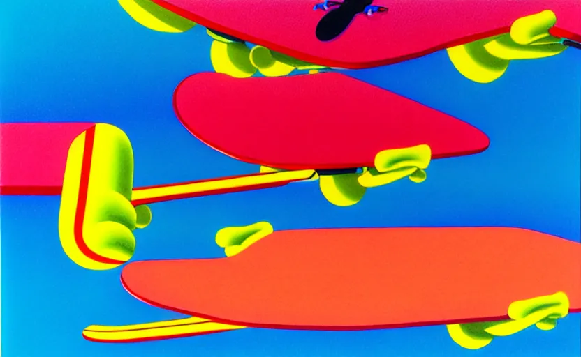 Image similar to flying skate boards by shusei nagaoka, kaws, david rudnick, airbrush on canvas, pastell colours, cell shaded!!!, 8 k