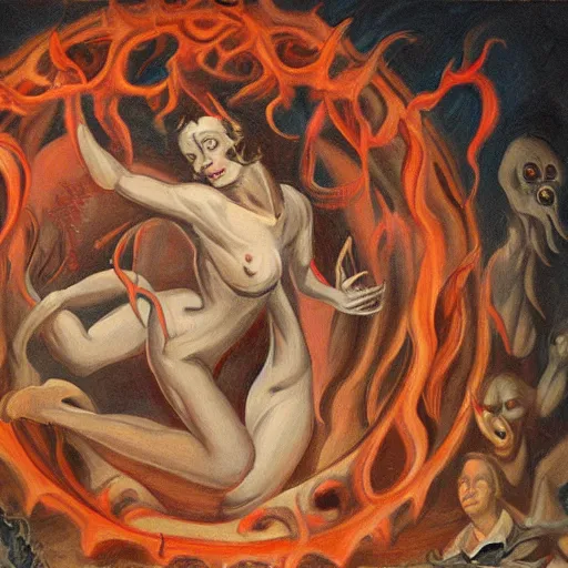 Prompt: painting of a woman falling into a portal of hell with demons surrounding her