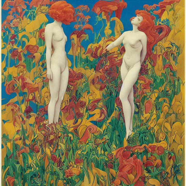 Image similar to Red-haired girl, androgynous appearance, standing in flowers, golden background Stanisław Szukalski and Roger Dean