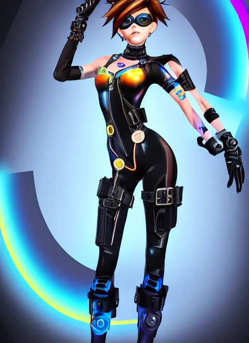 Image similar to full body digital artwork of tracer overwatch, wearing black iridescent rainbow latex, 4 k, expressive happy smug expression, makeup, in style of mark arian, wearing detailed black leather collar, wearing chains, black leather harness, leather cuffs around wrists, detailed face and eyes,