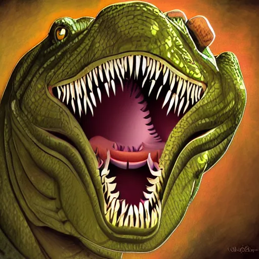 Prompt: a detailed digital art painting of a trex dinosaur smiling teeth way too many eyes large detailed eye