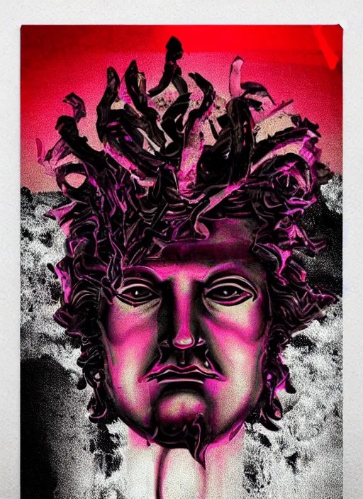 Image similar to dark design poster showing a statue of dionysus, black background with very subtle red and purple design elements, powerful, nekro, vito acconci, thin straight lines, dark, glitch art, neo vaporwave, gritty, layout frame, square, trending on artstation