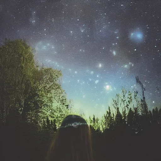 Image similar to an hd photo of a young woman with short brown hair and green eyes, trees in the background, night sky with stars and galaxies, trending on artstation, candid, profile photo