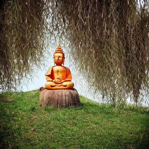 Image similar to “ cute buddha - like pig meditating on top of a large mushroom, large willow tree in the background. ”