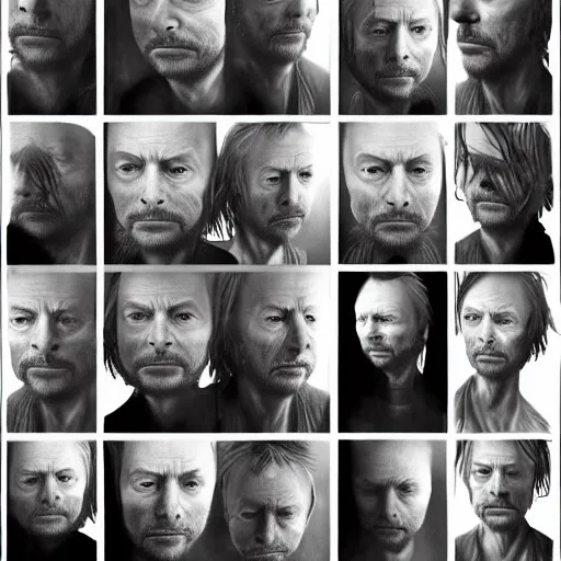 Prompt: collages, hyper realistic, many variations portrait of very old thom yorke, face variations, singer songwriter, ( side ) profile, liminal space, by lee bermejo, alphonse mucha and greg rutkowski, greybeard, smooth face, cheekbones, various versions