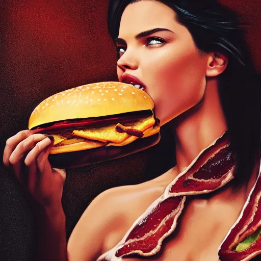 Prompt: portrait photography of Adriana Lima eating a giant hamburger, extra ketchup and mustard with overflowing bacon lettuce and tomato, cinematic lighting, highly detailed, feminine ethereal, D&D, hearthstone, digital painting, artstation, concept art, smooth, sharp focus, illustration, art by Terry Moore and Greg Rutkowski and Alphonse Mucha