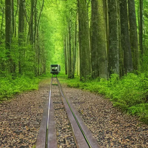 Prompt: Tram line in a forest, 8k UHD, high quality, studio photo,